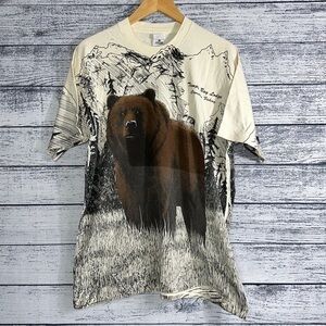 Vintage Fruit Of The Loom Heavy AOP Nature Bear Mountain Tee Shirt XL